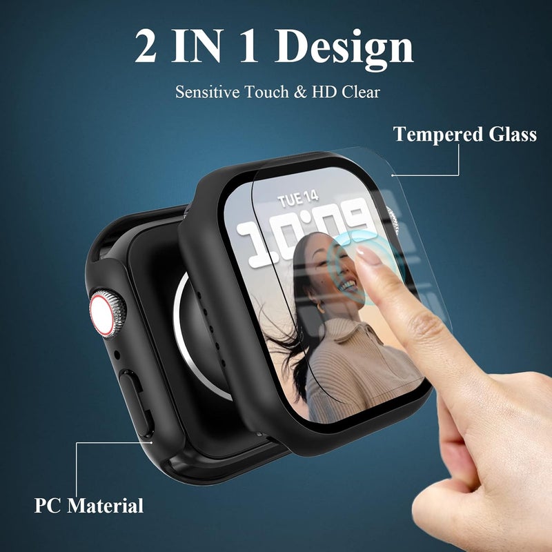 EWUONU 3 Pack Case Compatible with Apple Watch Series 9/8/7 41mm with Tempered Glass Screen Protector, Hard PC Full Coverage Ultra-Thin HD Bumper Protective Cover for iWatch 41mm, Black/Black/Black - Image 2